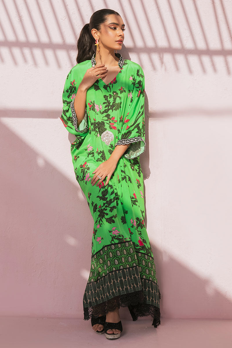 Pakistani Lime Green Printed Pure Crepe Silk Kaftan (1-Pc) - Image 7