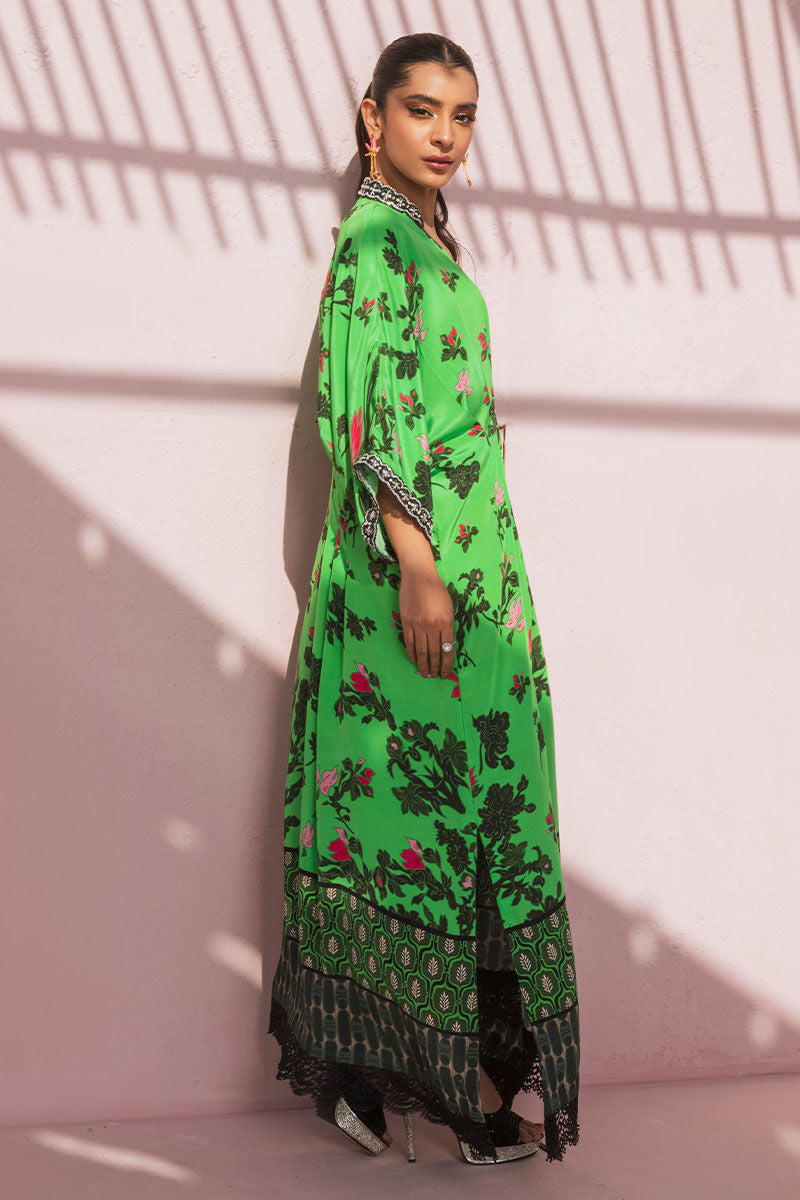 Pakistani Lime Green Printed Pure Crepe Silk Kaftan (1-Pc) - Image 8