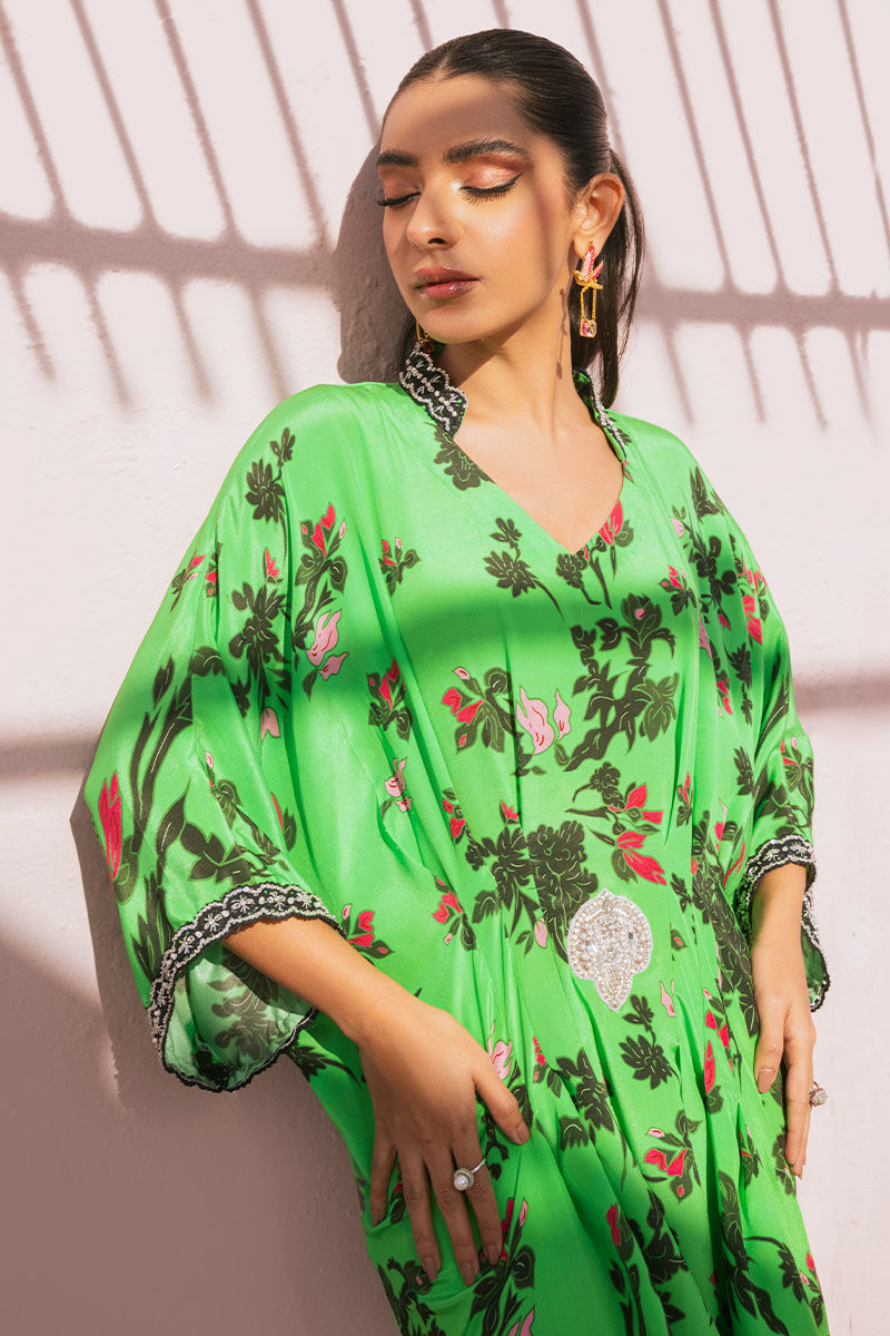 Pakistani Lime Green Printed Pure Crepe Silk Kaftan (1-Pc) - Image 9