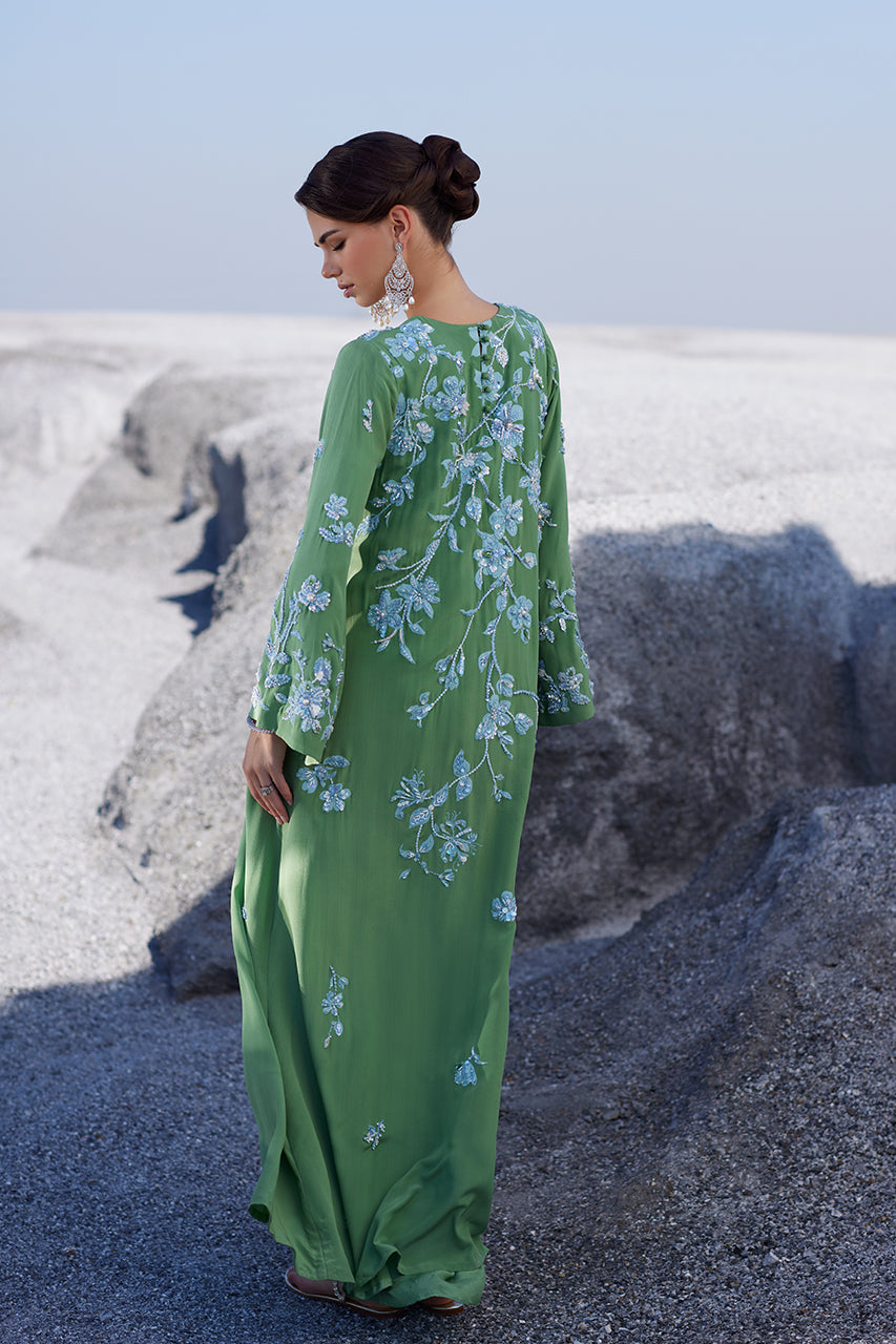 Pakistani Green Hand-Embellished Crepe Silk Kaftan (2-Piece) - Image 2
