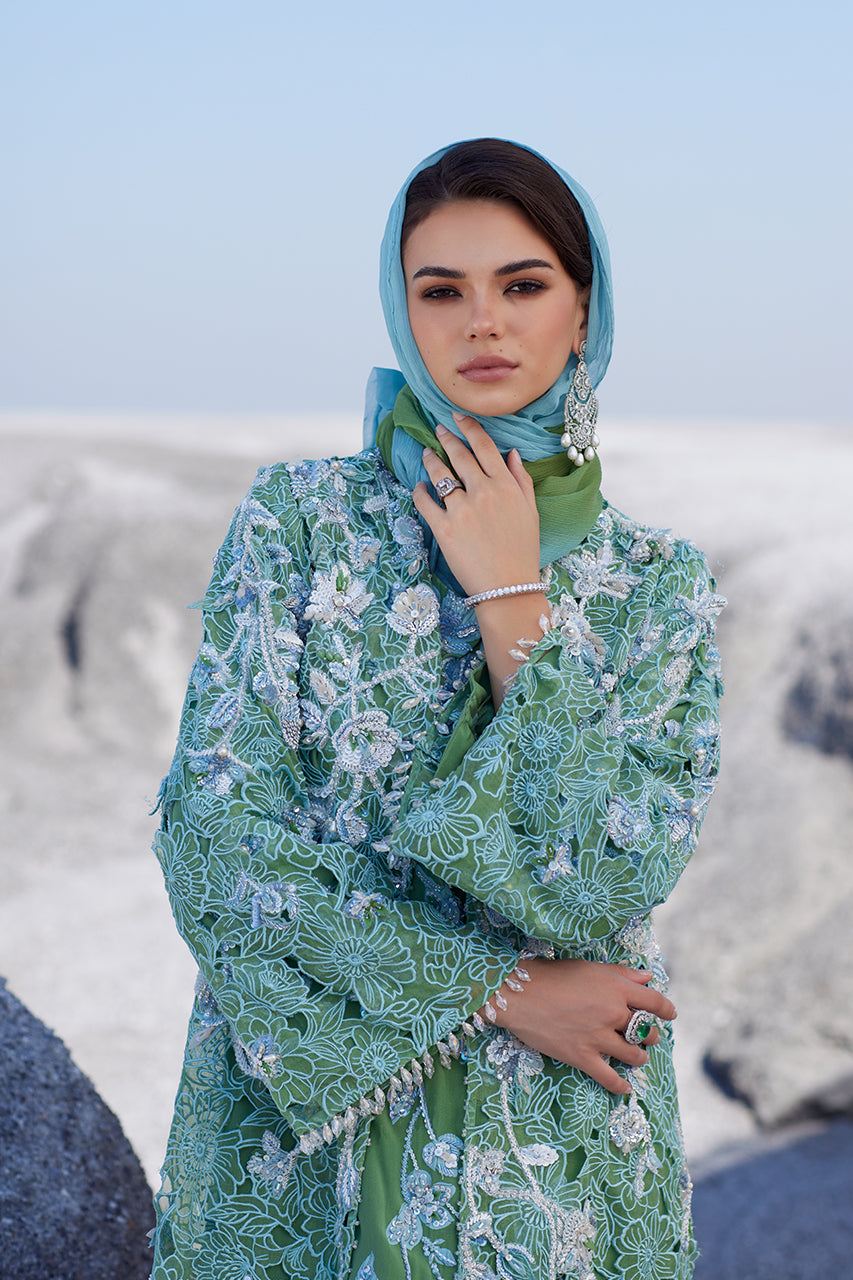 Pakistani Green Hand-Embellished Crepe Silk Kaftan (2-Piece) - Image 3