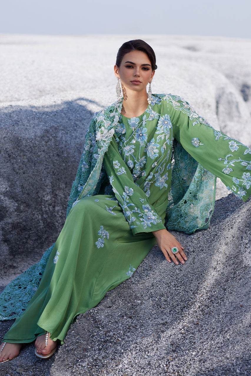 Pakistani Green Hand-Embellished Crepe Silk Kaftan (2-Piece) - Image 4