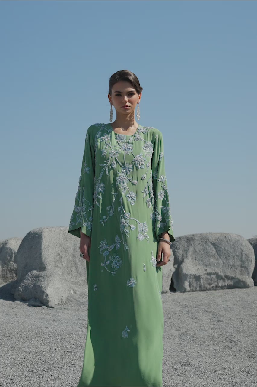 Pakistani Green Hand-Embellished Crepe Silk Kaftan (2-Piece) - Image 5