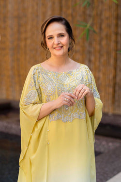 Sorbet Green to Off-White Crystal Georgette Kaftan (2-Piece) - Image 1