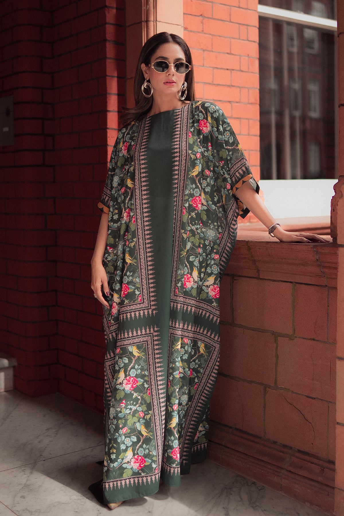 Pakistani Green Printed Georgette Kaftan (1-Pc) - Image 1
