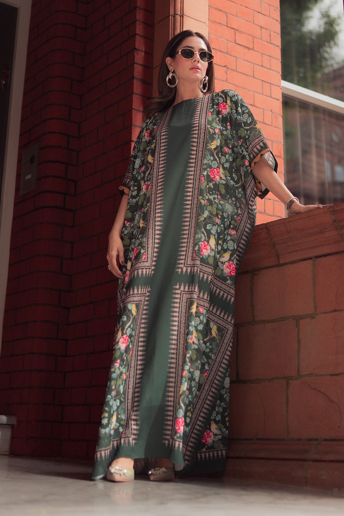 Pakistani Green Printed Georgette Kaftan (1-Pc) - Image 3