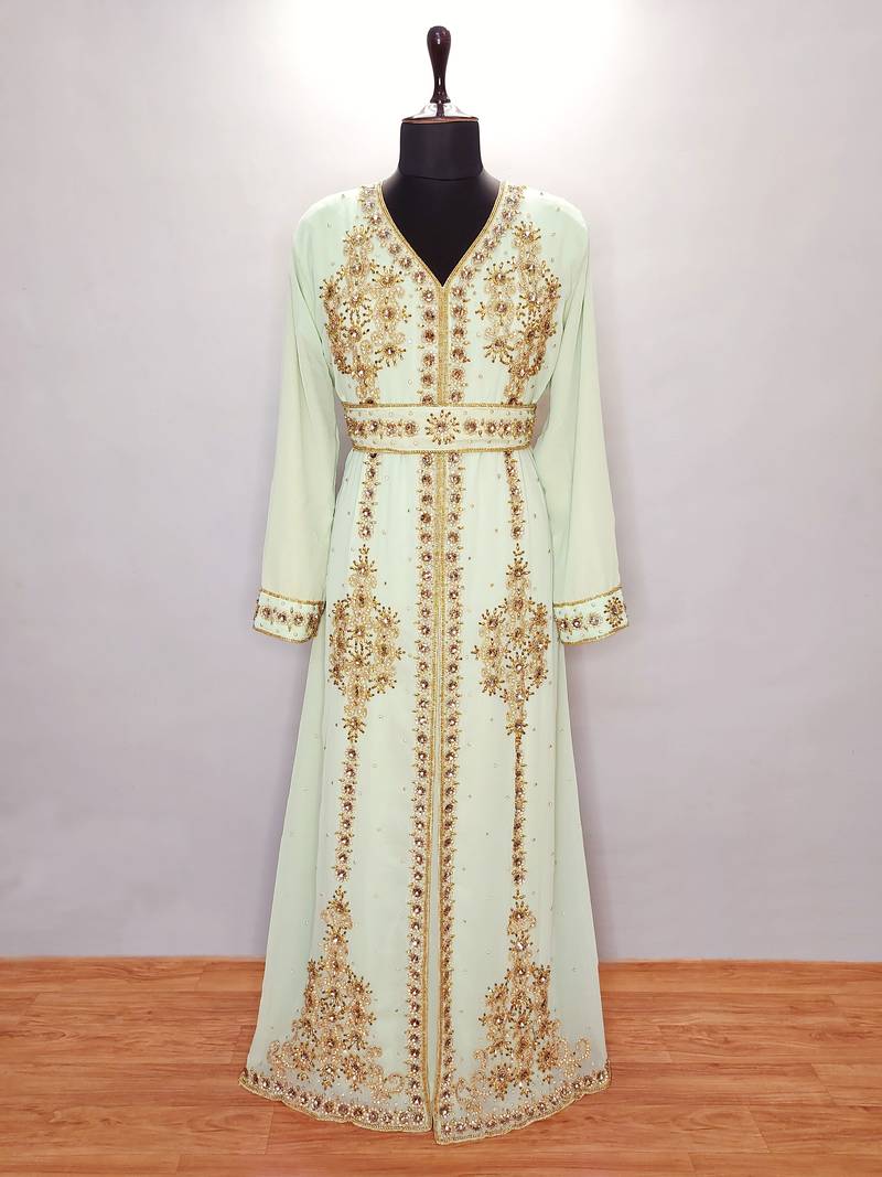 Pakistani Light Green Embroidered Georgette Moroccan Kaftan (2-Piece) - Image 1