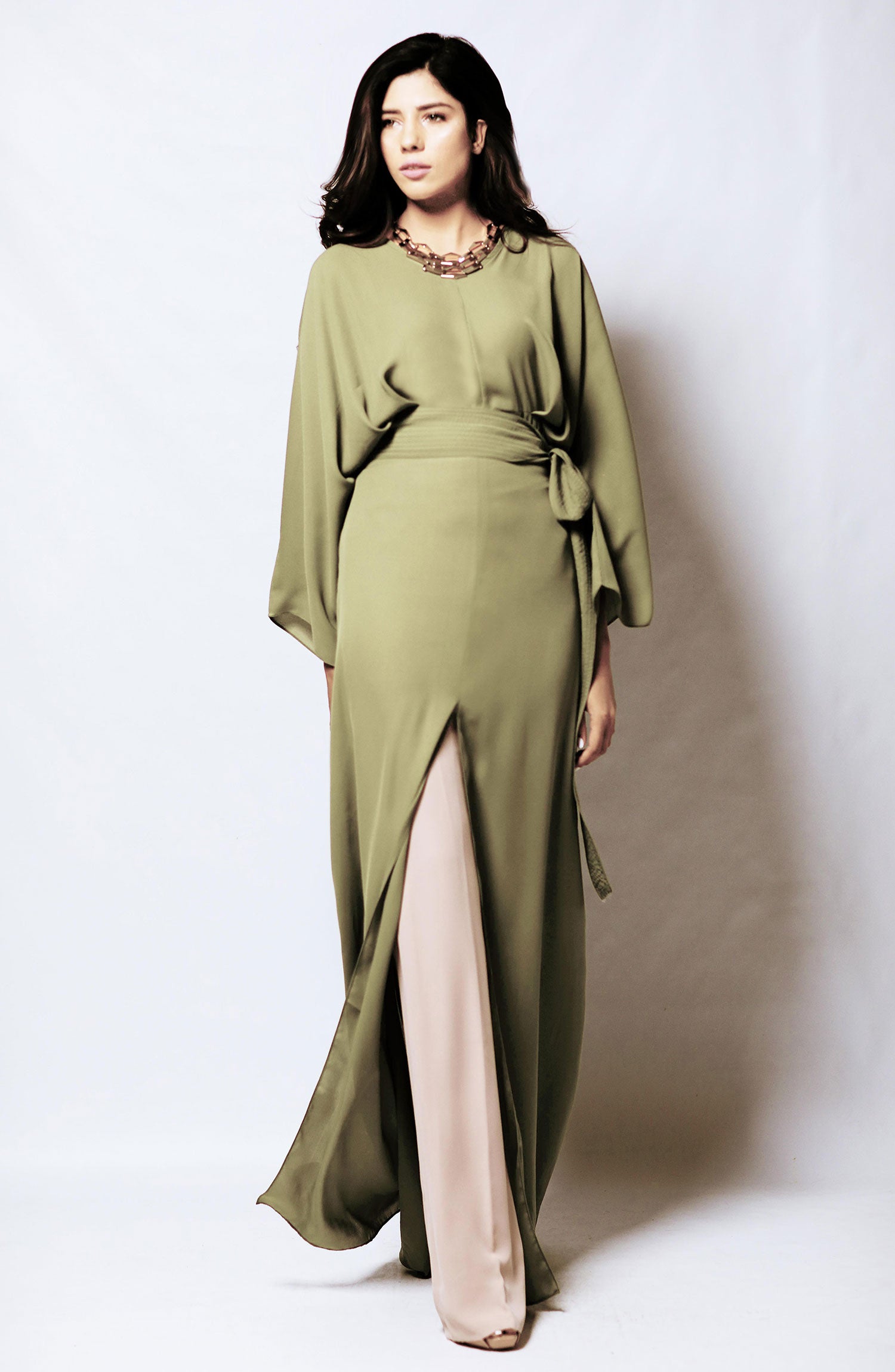 Sage Green Georgette Chiffon Kaftan Maxi (2-Piece) - Image 2