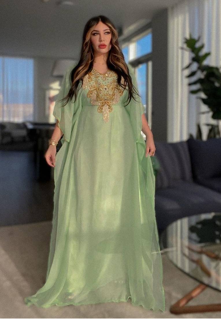 Pakistani Sea Green Zari Embroidered Georgette Kaftan (1-Pc) - Image 1