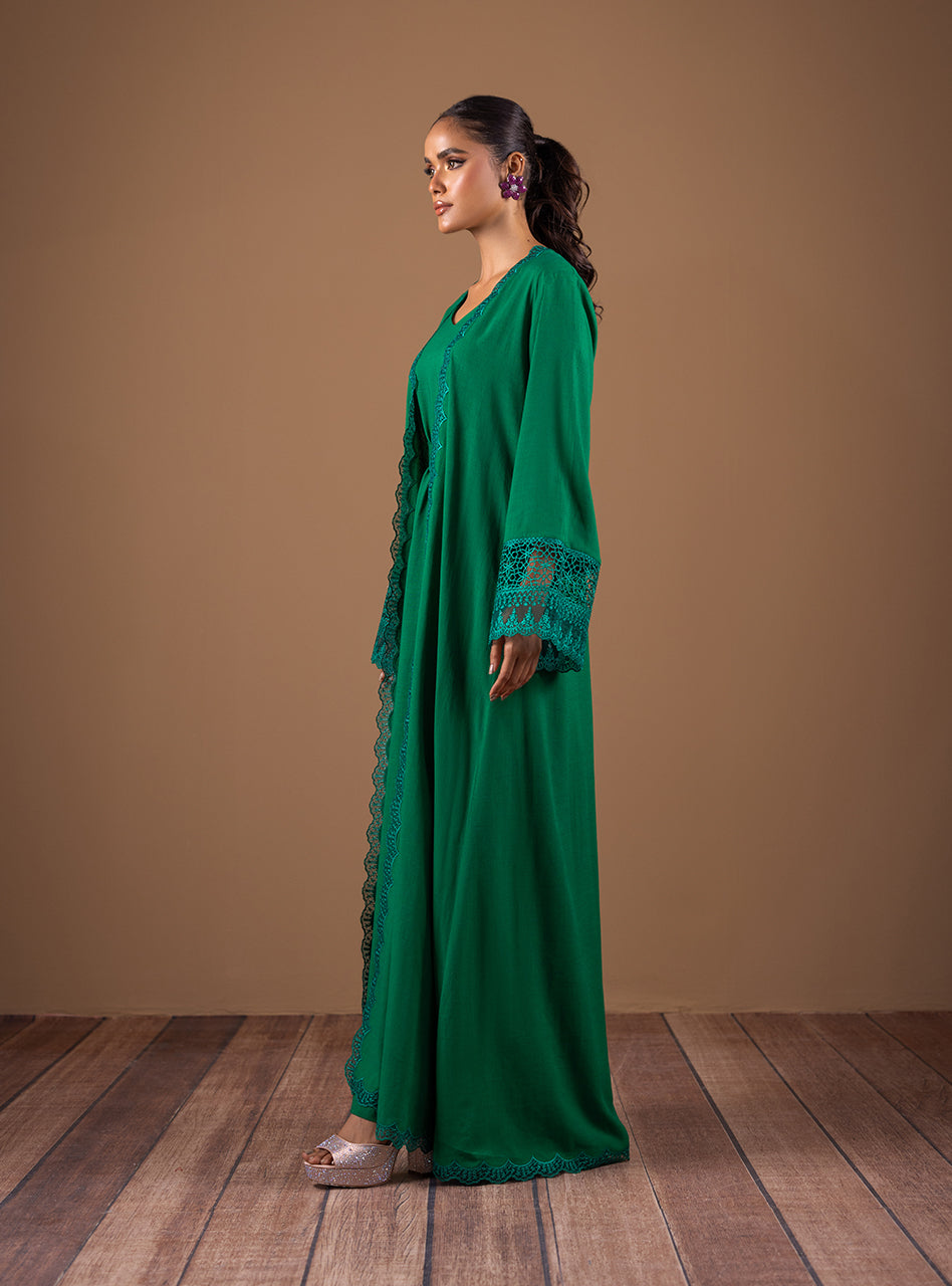 Emerald Green Lace Irish Linen Kaftan (2-Piece) - Image 2