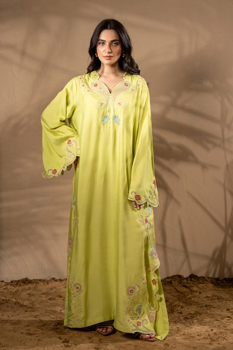 Pakistani Lime Green Embroidered Khaadi Silk Kaftan (1-Pc) - Image 1