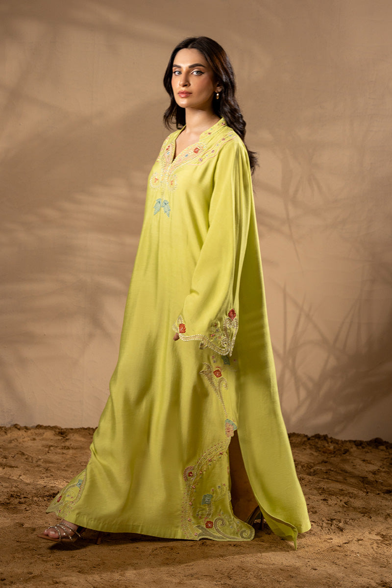 Pakistani Lime Green Embroidered Khaadi Silk Kaftan (1-Pc) - Image 2