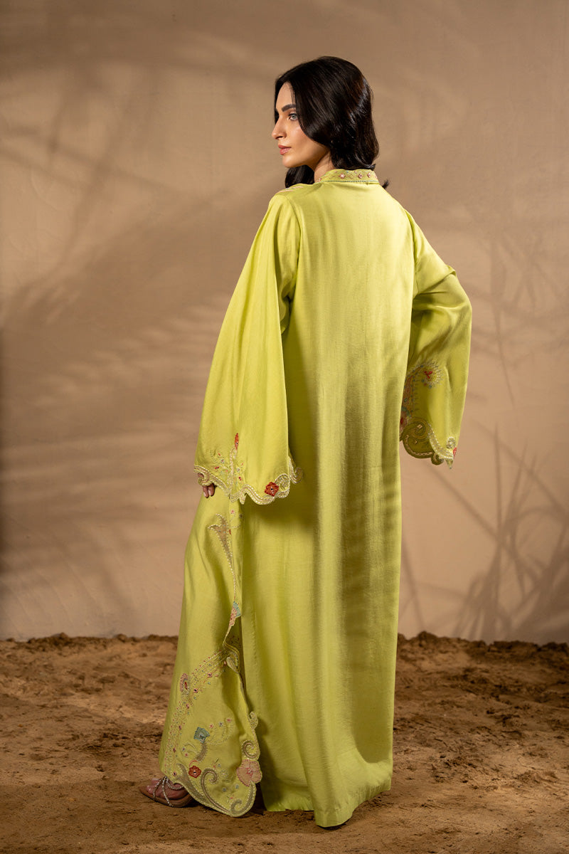 Pakistani Lime Green Embroidered Khaadi Silk Kaftan (1-Pc) - Image 3