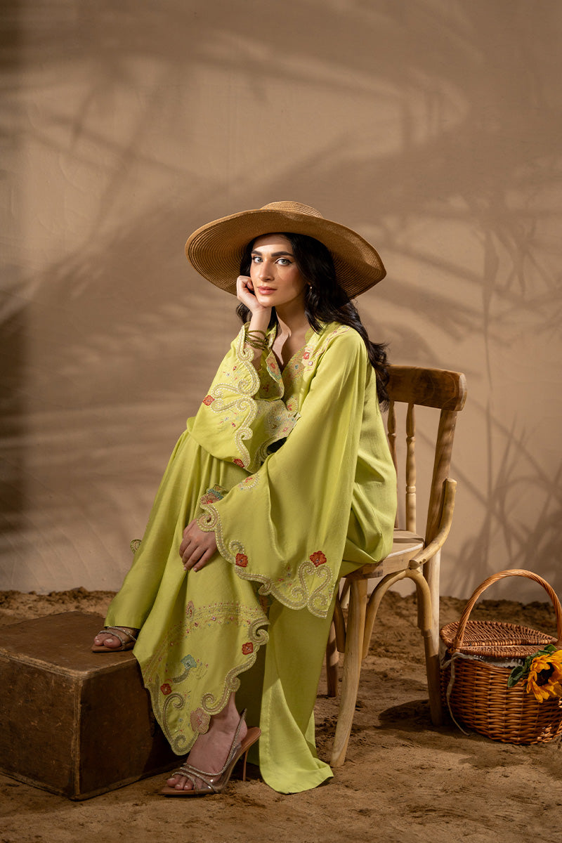 Pakistani Lime Green Embroidered Khaadi Silk Kaftan (1-Pc) - Image 4