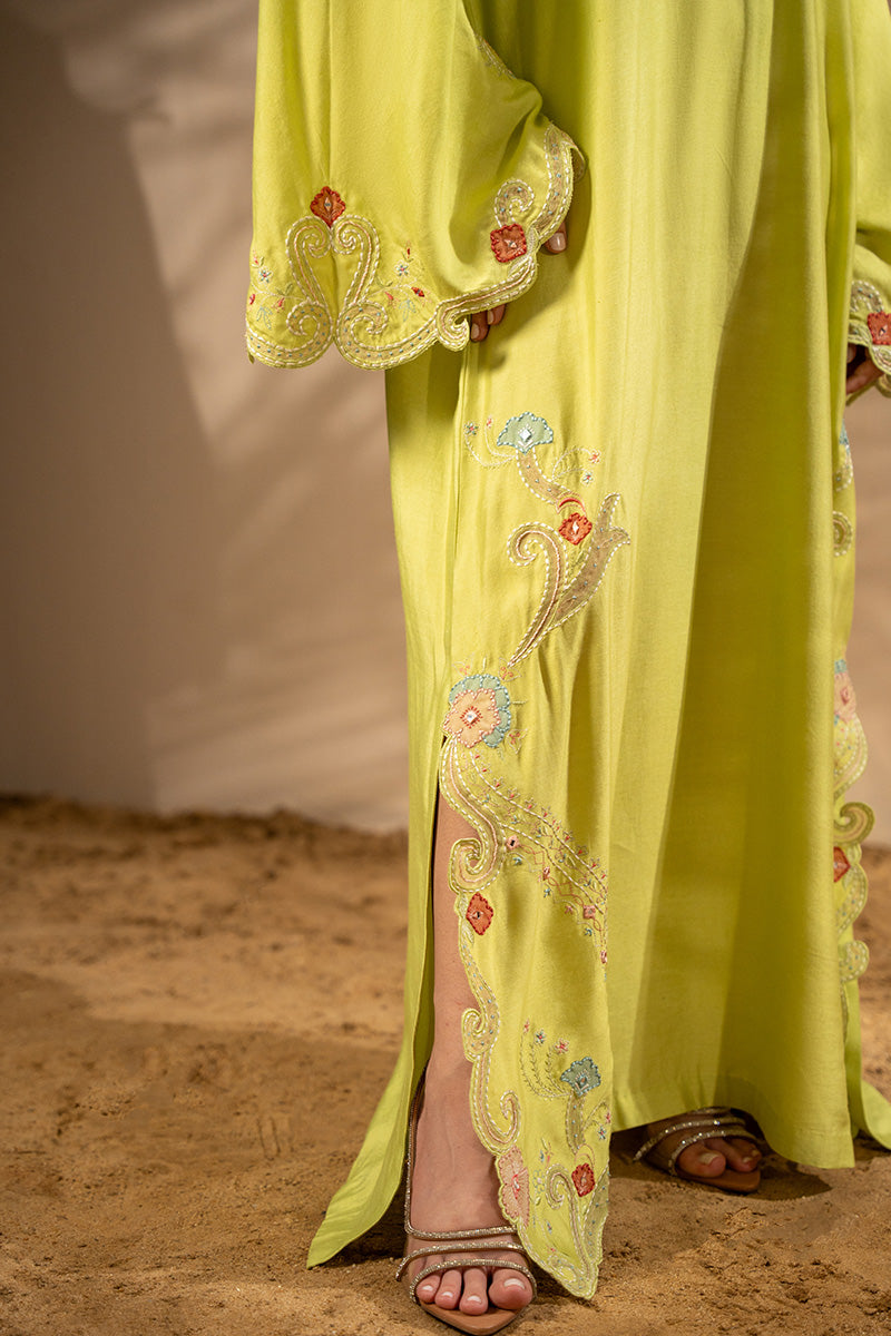 Pakistani Lime Green Embroidered Khaadi Silk Kaftan (1-Pc) - Image 5