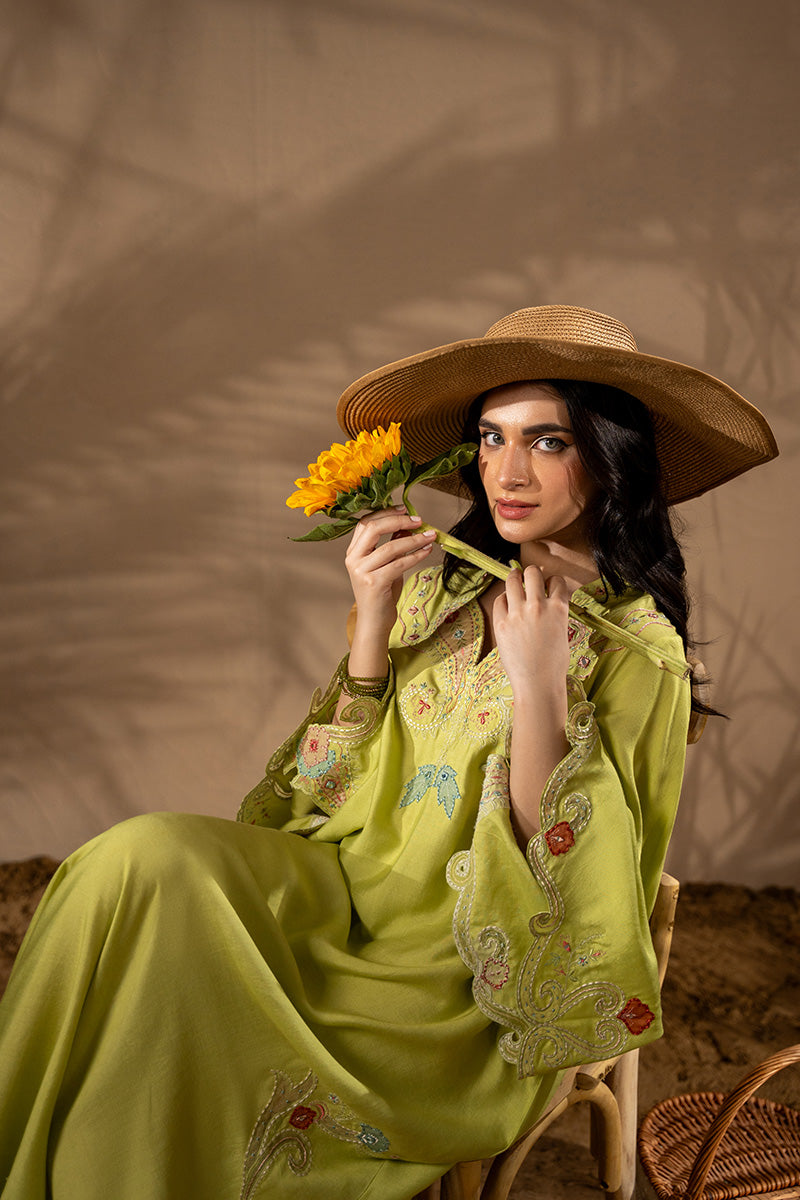 Pakistani Lime Green Embroidered Khaadi Silk Kaftan (1-Pc) - Image 7