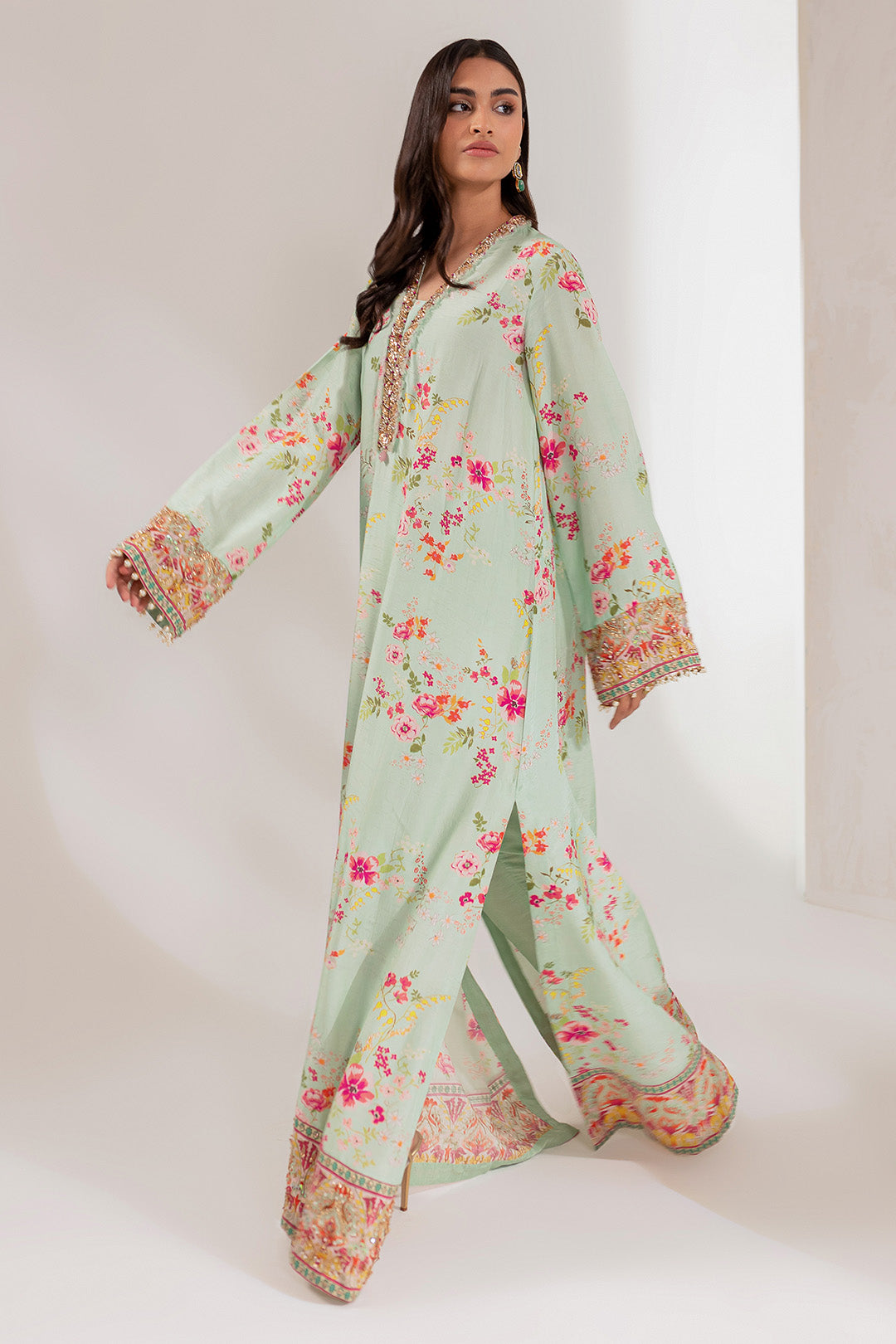 Soft Mint Floral Embellished Silk Kaftan (2-Piece) - Image 2