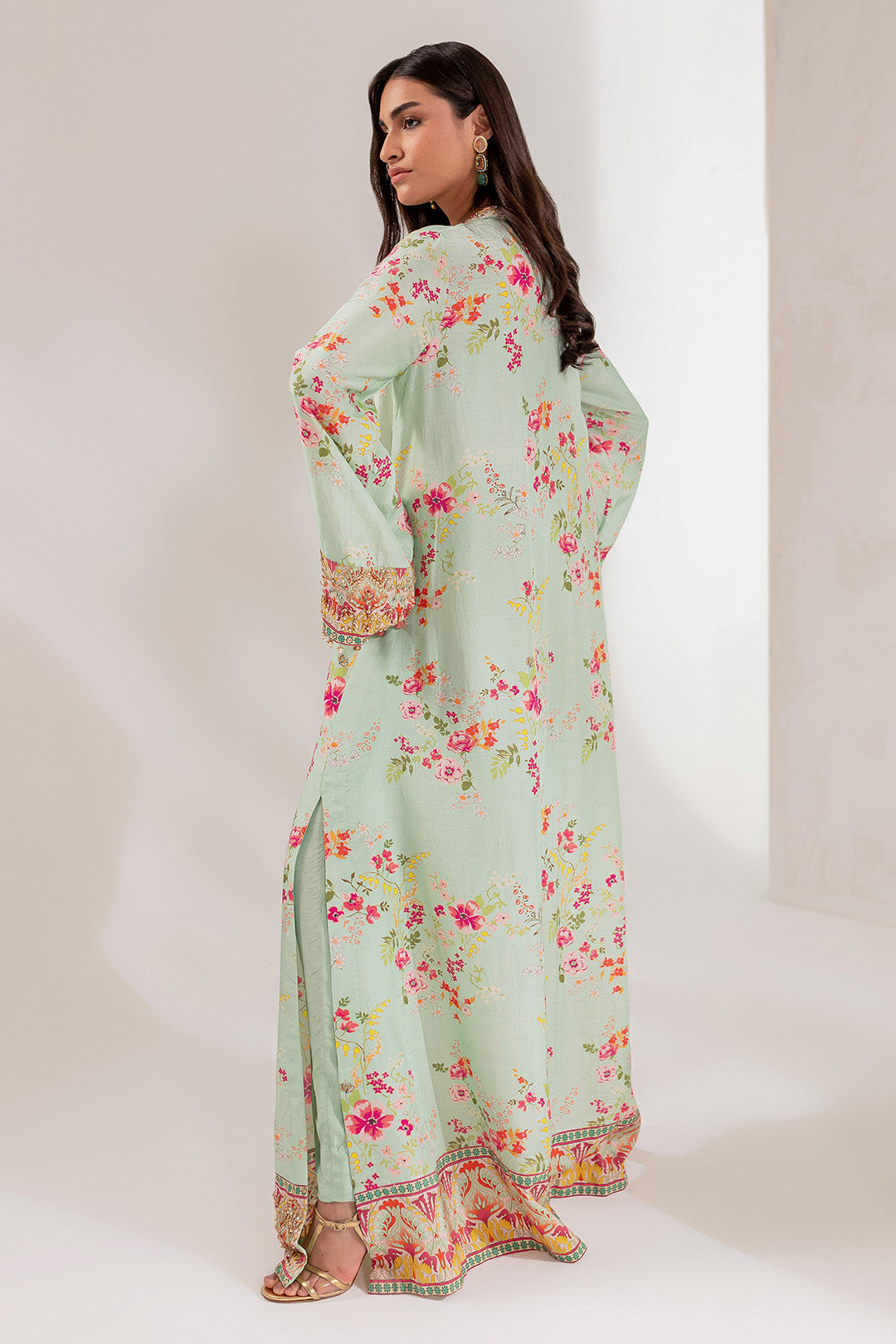 Soft Mint Floral Embellished Silk Kaftan (2-Piece) - Image 3