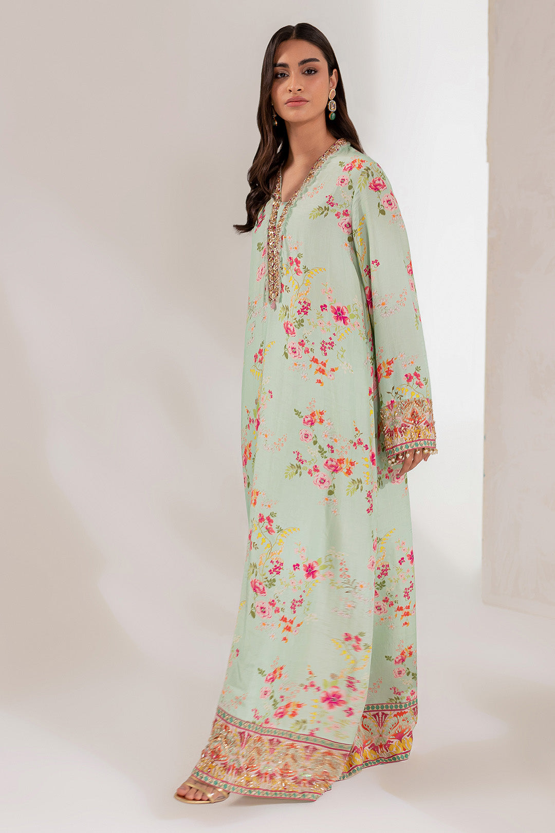 Soft Mint Floral Embellished Silk Kaftan (2-Piece) - Image 4