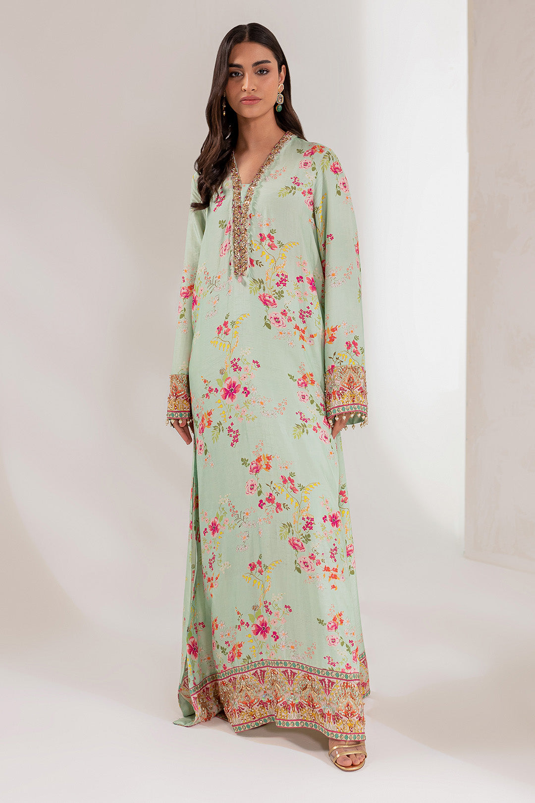 Pakistani Soft Mint Floral Embellished Silk Kaftan (2-Piece) - Image 1