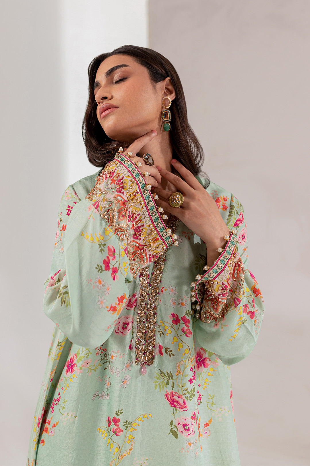 Pakistani Soft Mint Floral Embellished Silk Kaftan (2-Piece) - Image 5