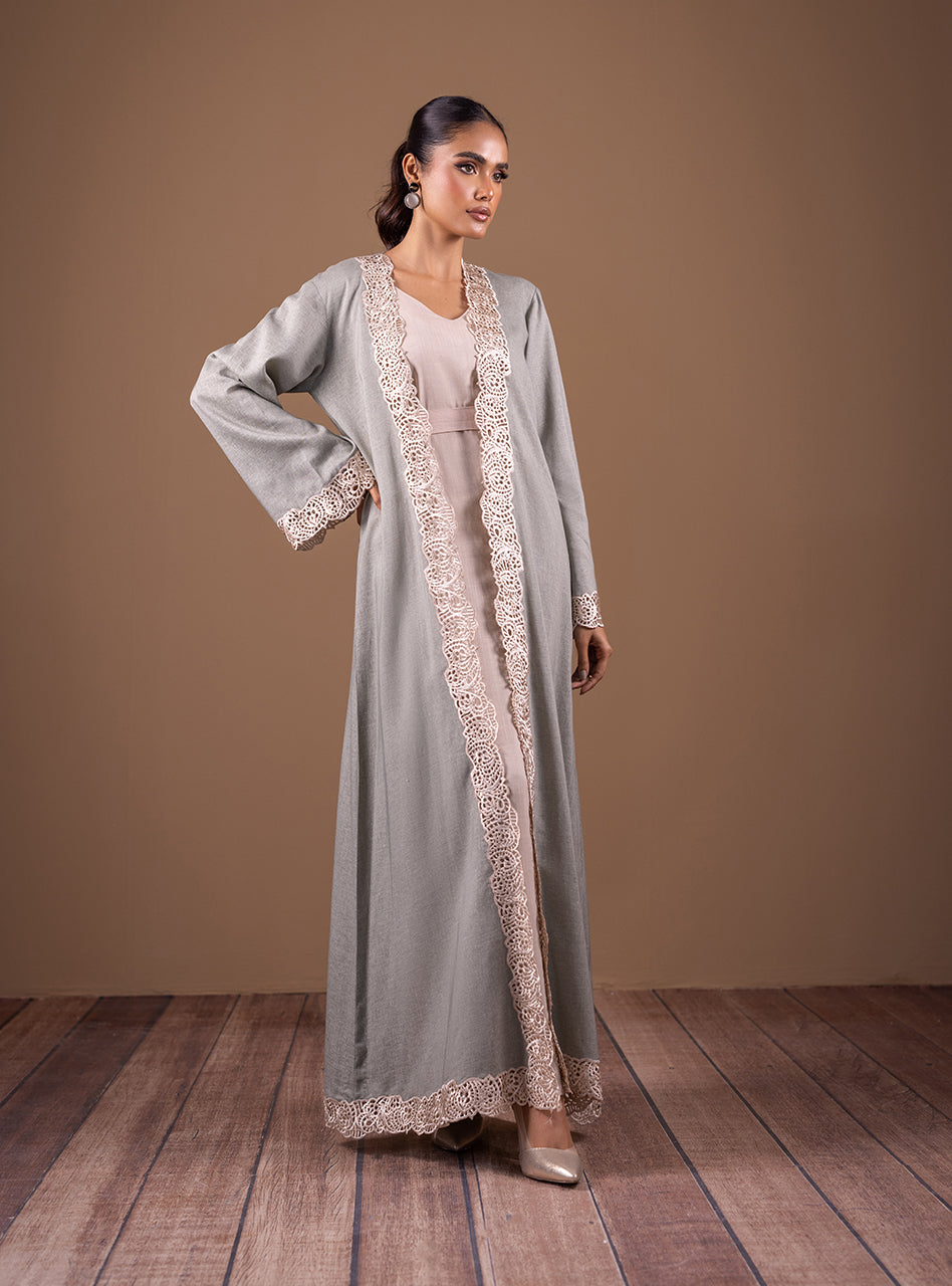 Pakistani Sage Green Lace Irish Linen Kaftan Jacket (3-Piece) - Image 3