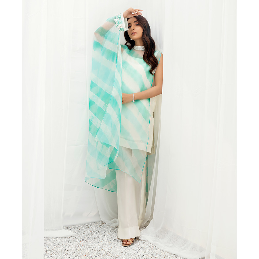 Pakistani Mint Tie-Dye Pure Organza Kaftan (3-Piece) - Image 1