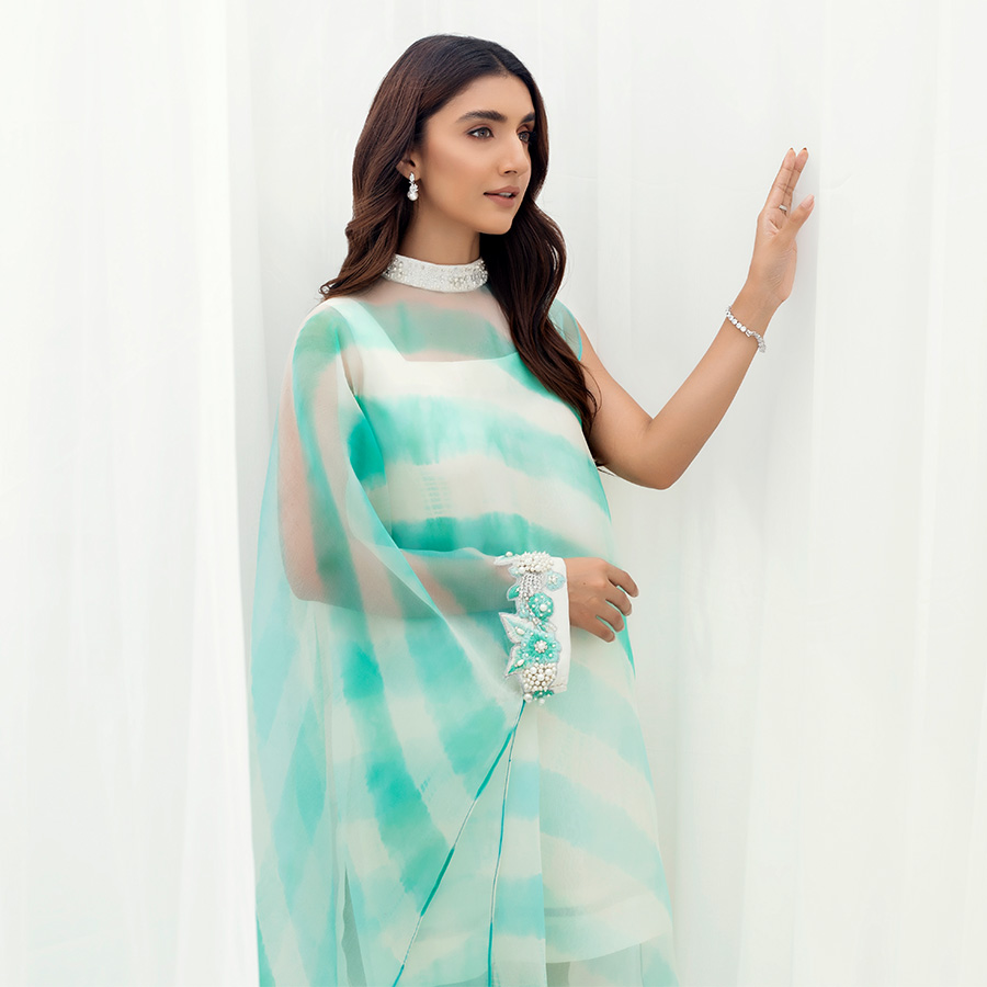 Pakistani Mint Tie-Dye Pure Organza Kaftan (3-Piece) - Image 2