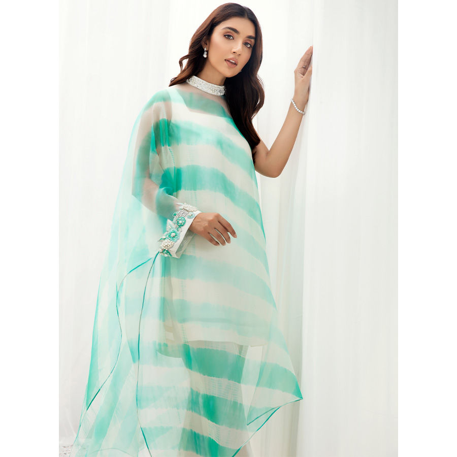 Pakistani Mint Tie-Dye Pure Organza Kaftan (3-Piece) - Image 3