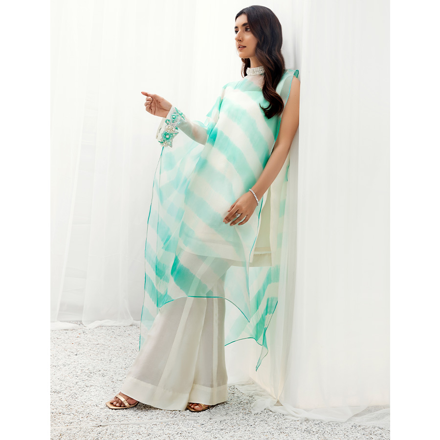 Pakistani Mint Tie-Dye Pure Organza Kaftan (3-Piece) - Image 4