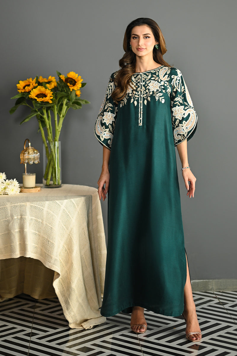 Pakistani Emerald Green Aari Embroidered Silk Kaftan (1-Pc) - Image 1