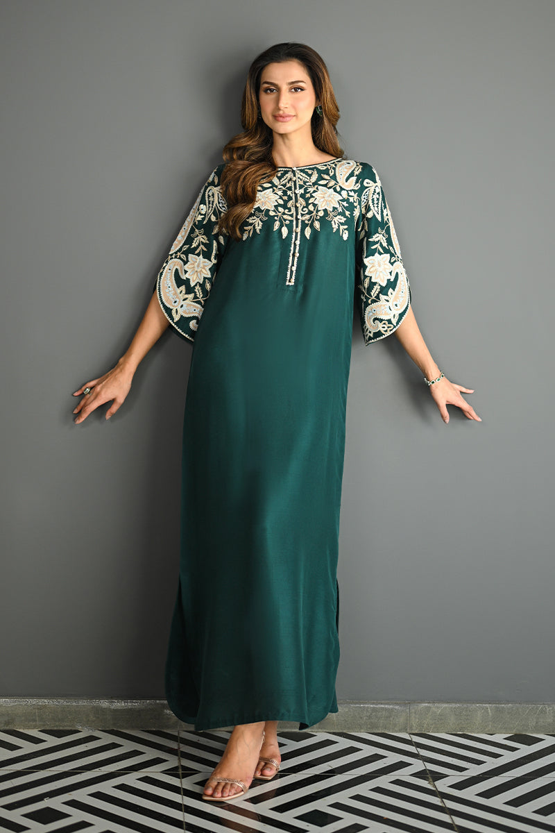 Pakistani Emerald Green Aari Embroidered Silk Kaftan (1-Pc) - Image 4