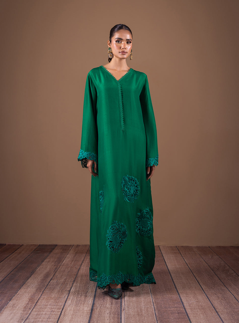 Emerald Green Cutwork Raw Silk Kaftan (2-Piece) - Image 2