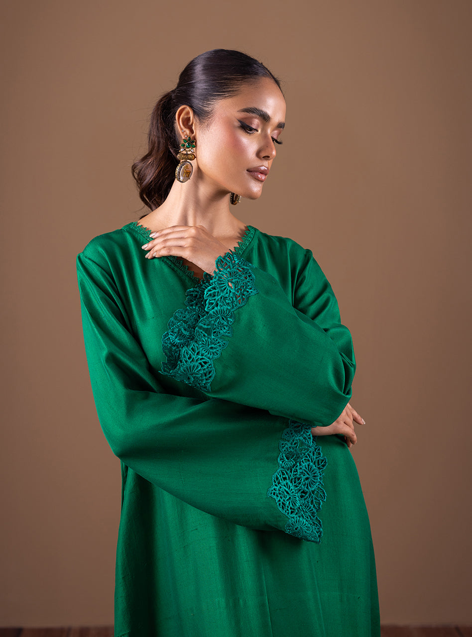 Emerald Green Cutwork Raw Silk Kaftan (2-Piece) - Image 3