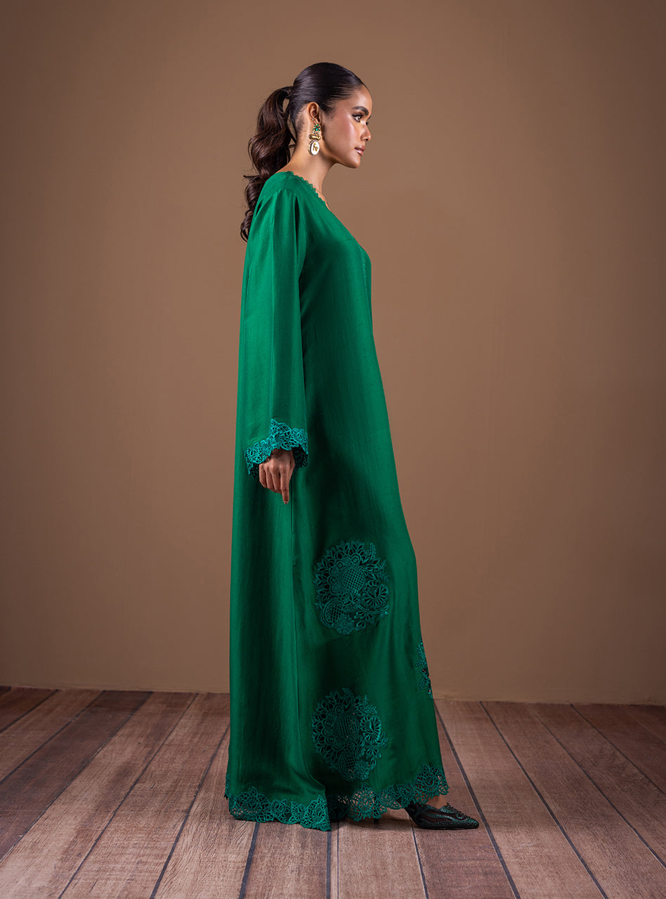 Emerald Green Cutwork Raw Silk Kaftan (2-Piece) - Image 4