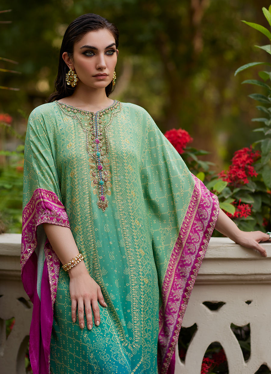 Pakistani Green Teal Hand-Embellished Silk Kaftan (1-Pc) - Image 1