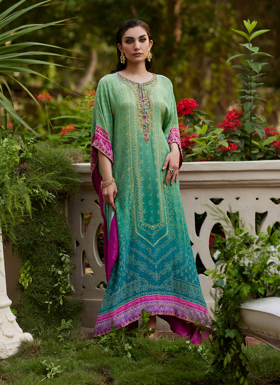 Pakistani Green Teal Hand-Embellished Silk Kaftan (1-Pc) - Image 3