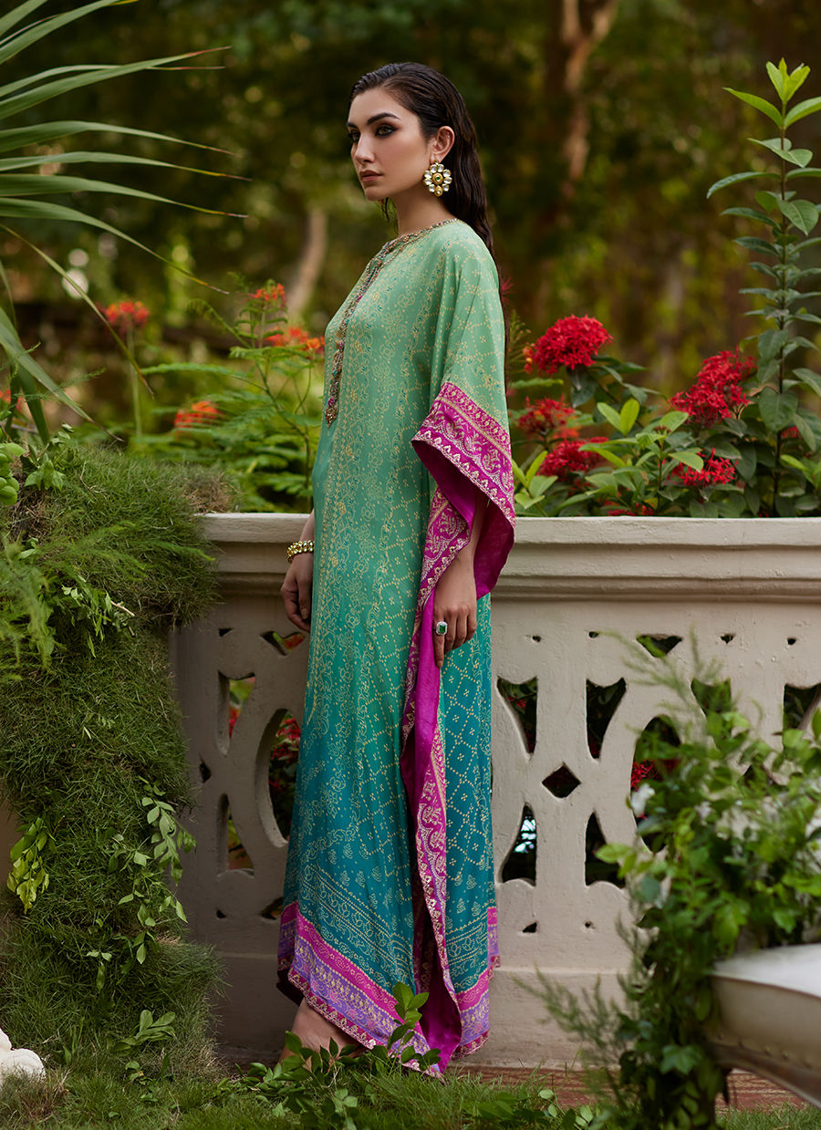 Pakistani Green Teal Hand-Embellished Silk Kaftan (1-Pc) - Image 4