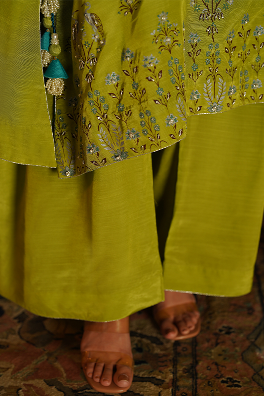 Apple Green Embellished Raw Silk Kaftan (2-Piece) - Image 1