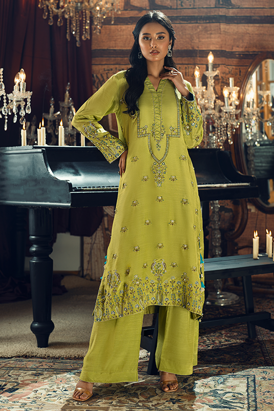 Apple Green Embellished Raw Silk Kaftan (2-Piece) - Image 2