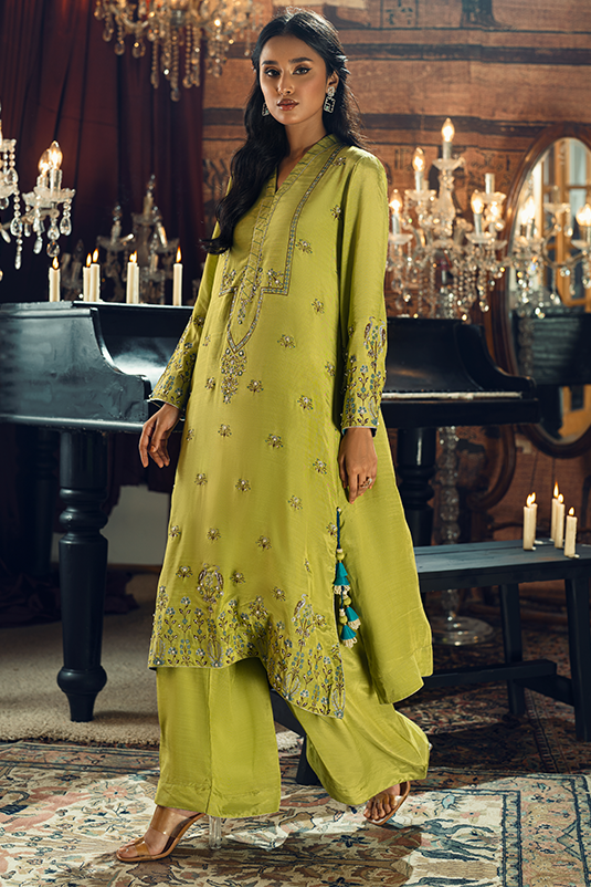 Apple Green Embellished Raw Silk Kaftan (2-Piece) - Image 5
