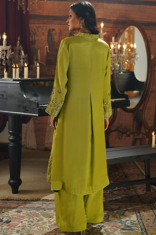 Apple Green Embellished Raw Silk Kaftan (2-Piece) - Image 6