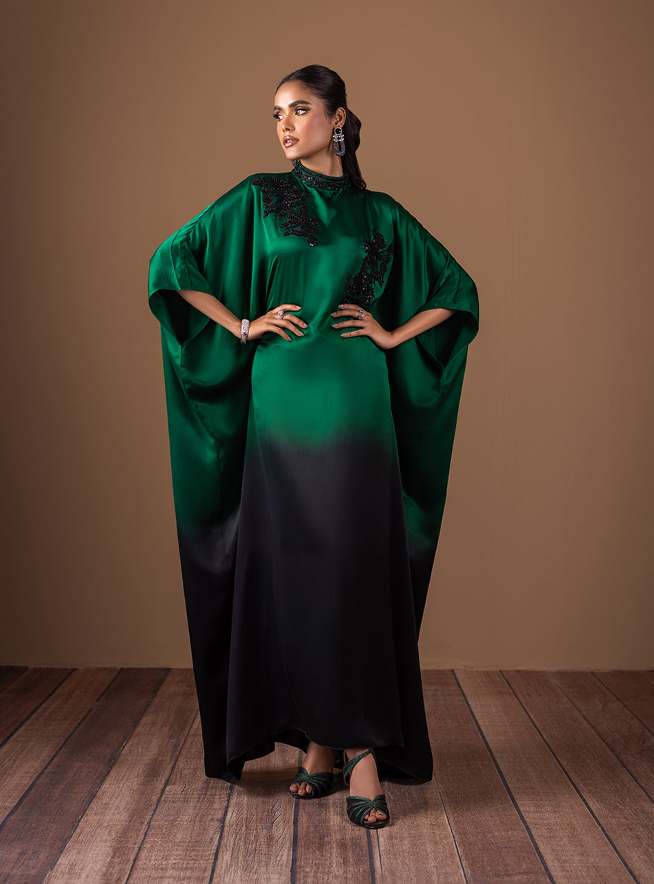 Emerald Green Beaded Shamose Silk Kaftan (1-Pc) - Image 1