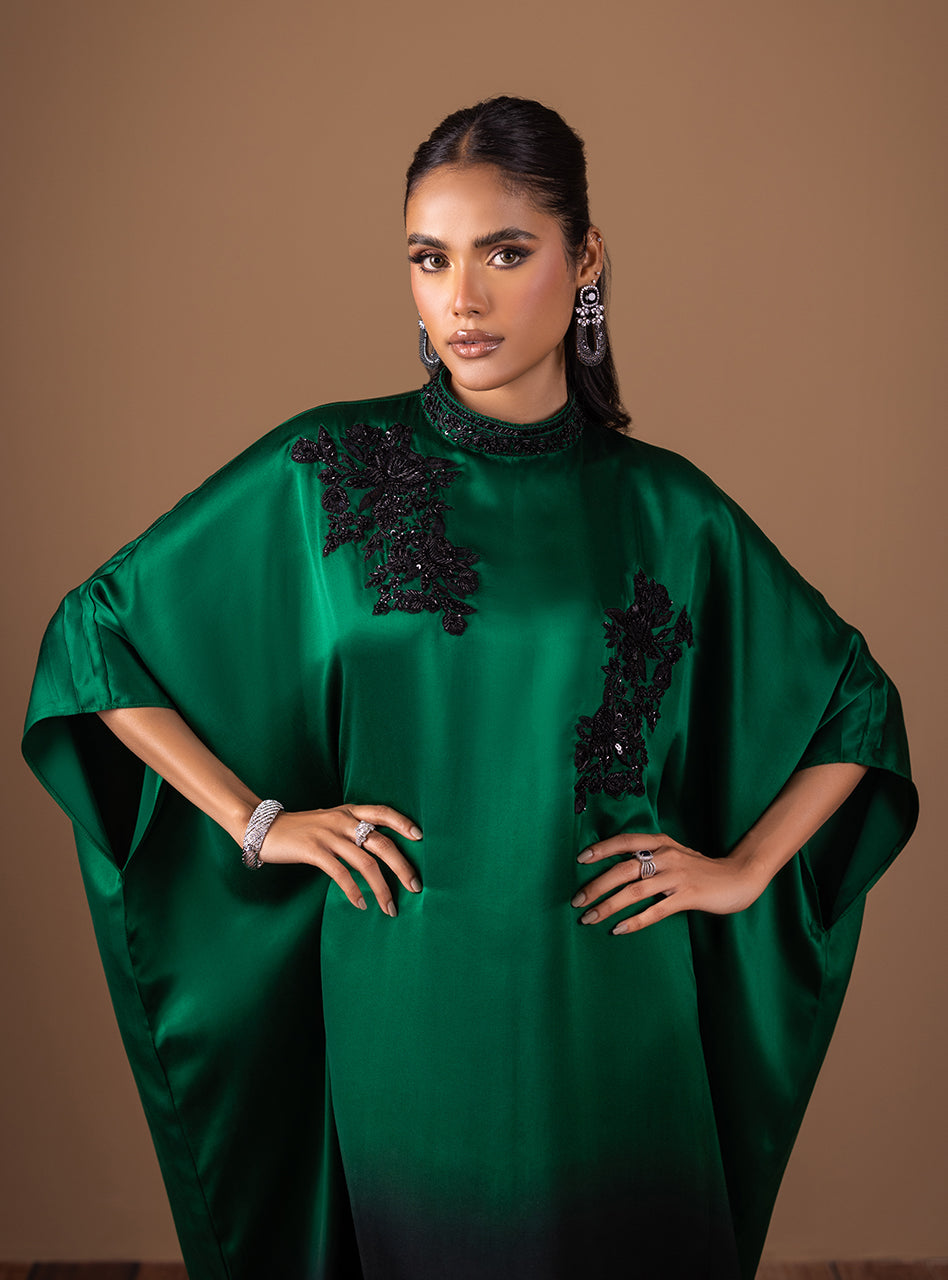 Emerald Green Beaded Shamose Silk Kaftan (1-Pc) - Image 2