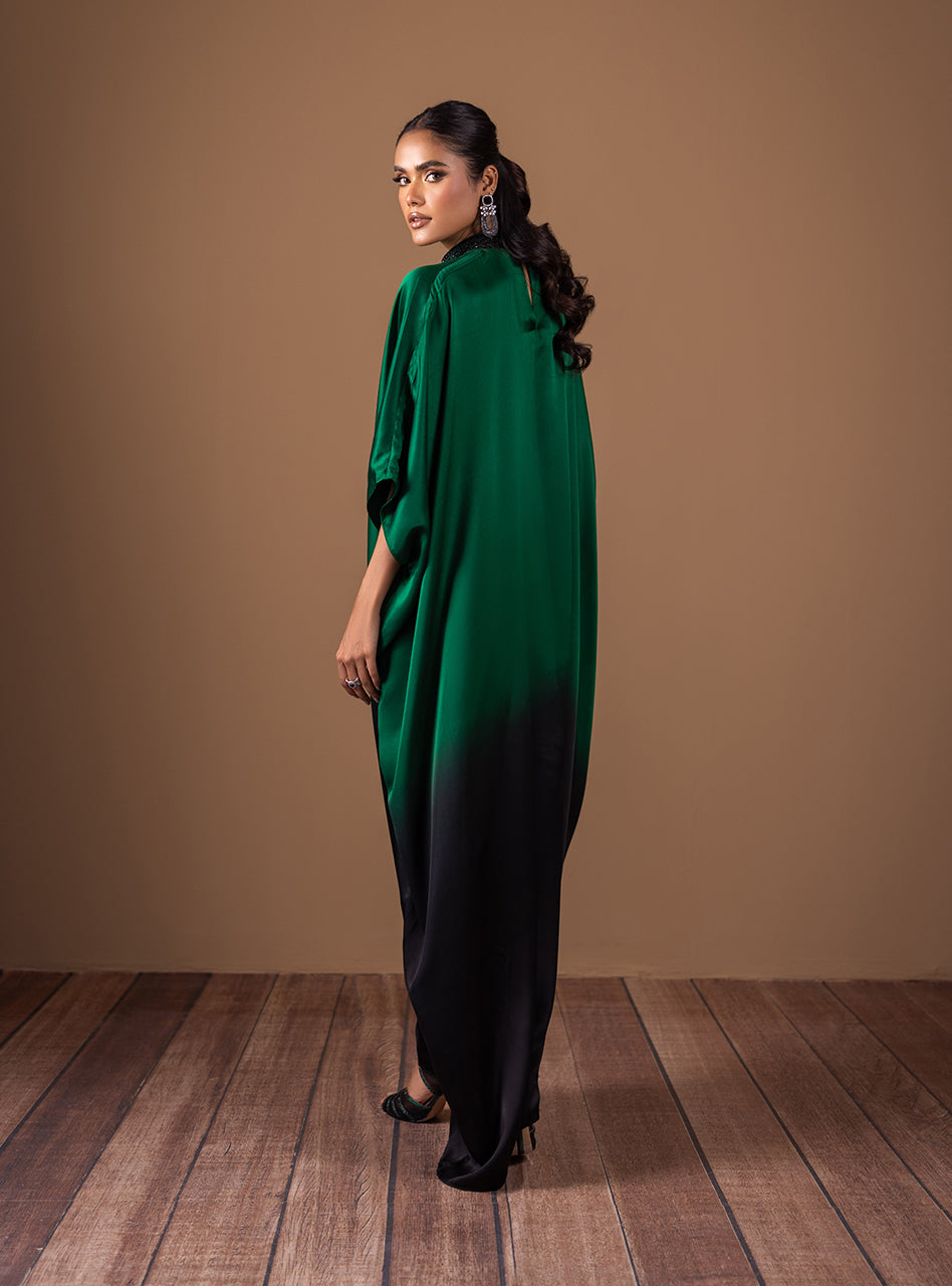 Emerald Green Beaded Shamose Silk Kaftan (1-Pc) - Image 3