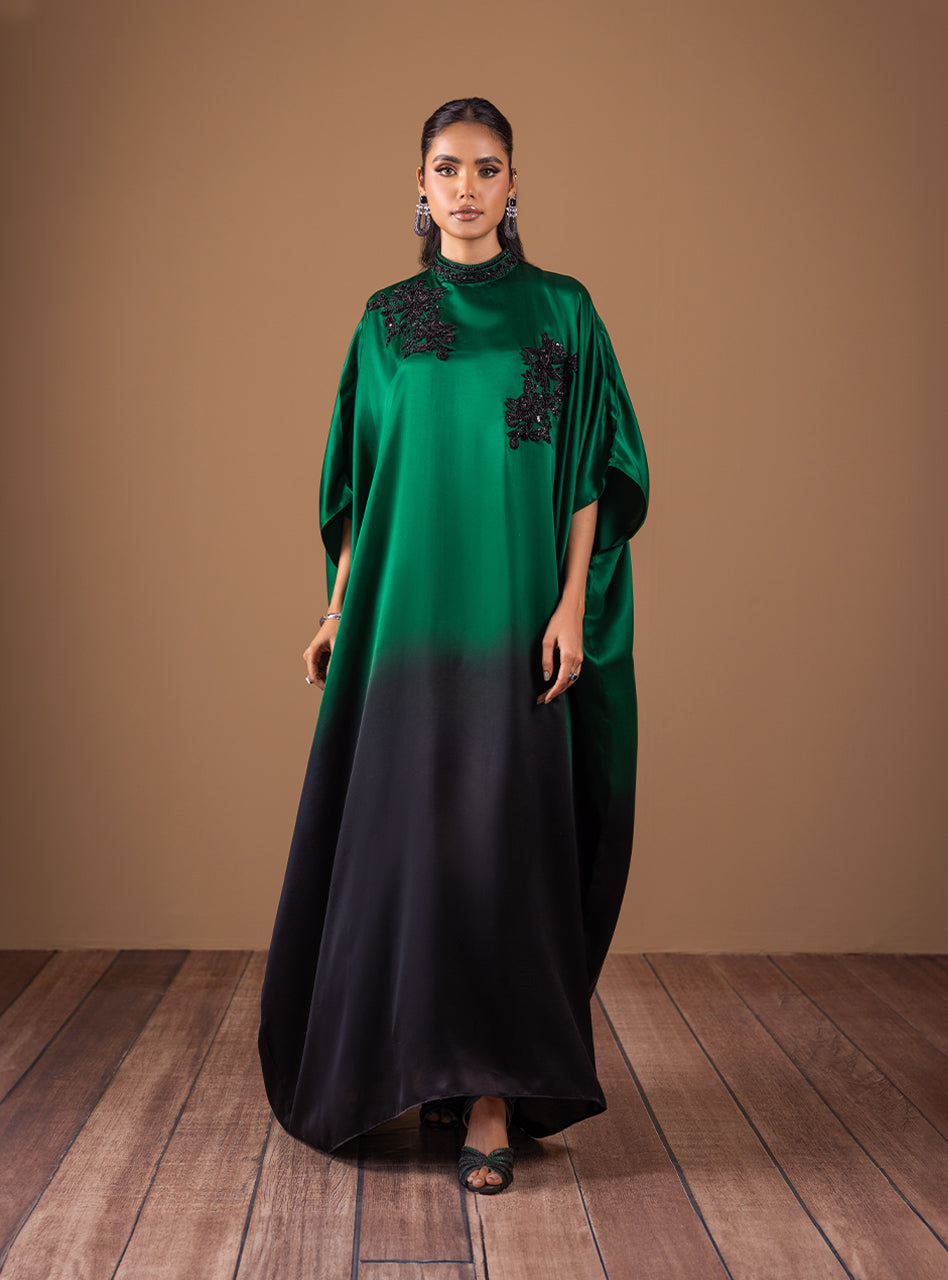 Emerald Green Beaded Shamose Silk Kaftan (1-Pc) - Image 4