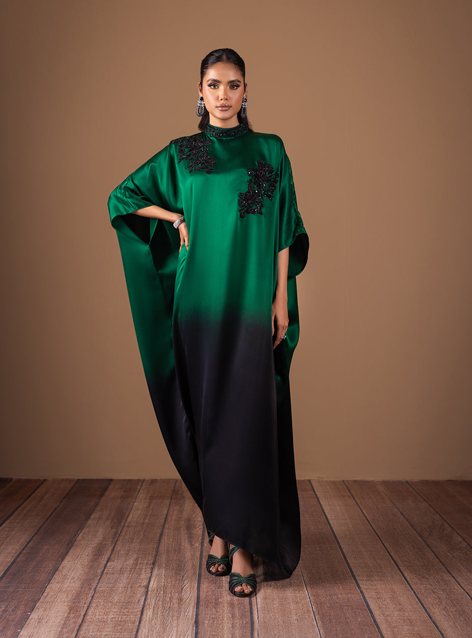 Emerald Green Beaded Shamose Silk Kaftan (1-Pc) - Image 5