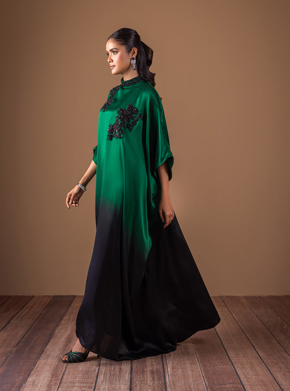 Emerald Green Beaded Shamose Silk Kaftan (1-Pc) - Image 6