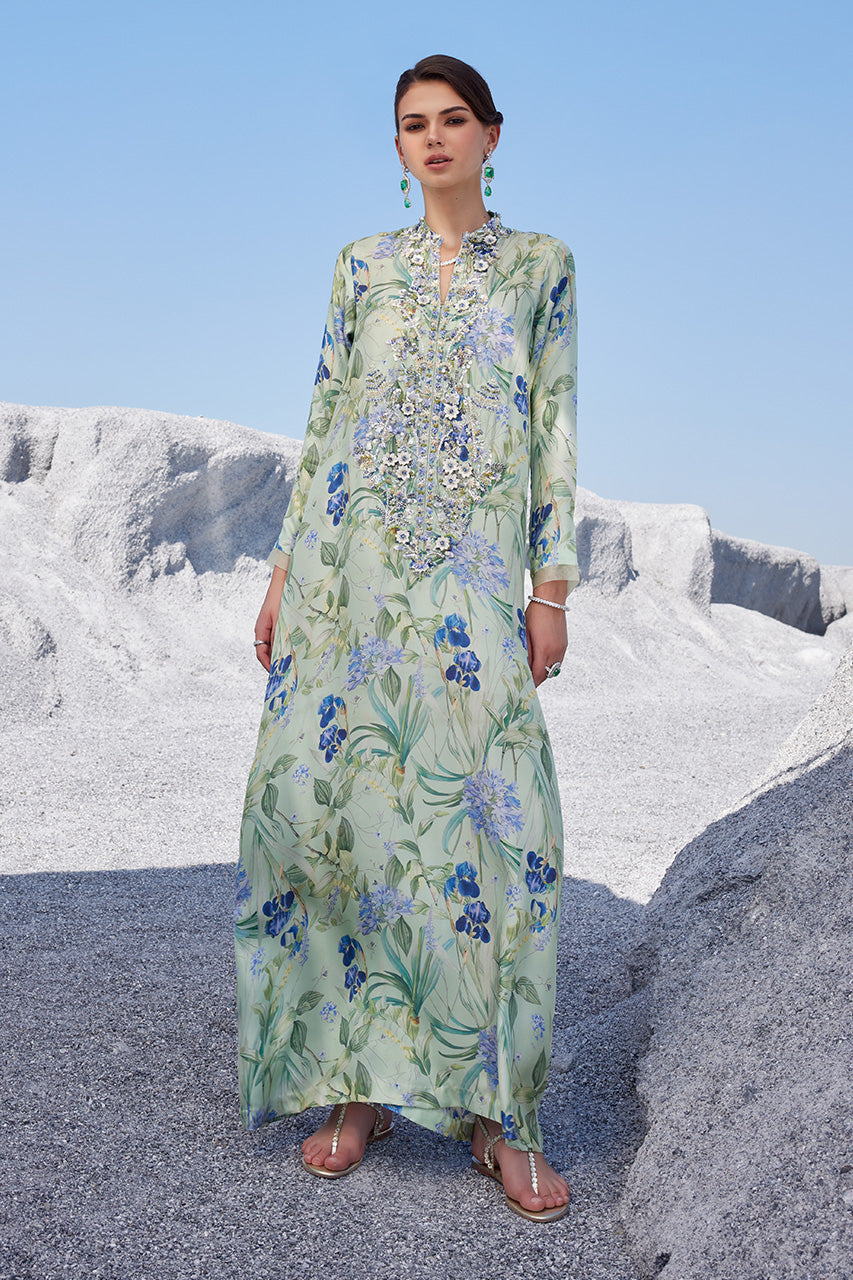 Pakistani Sage Green 3D Embellished Silk Kaftan (1-Pc) - Image 1