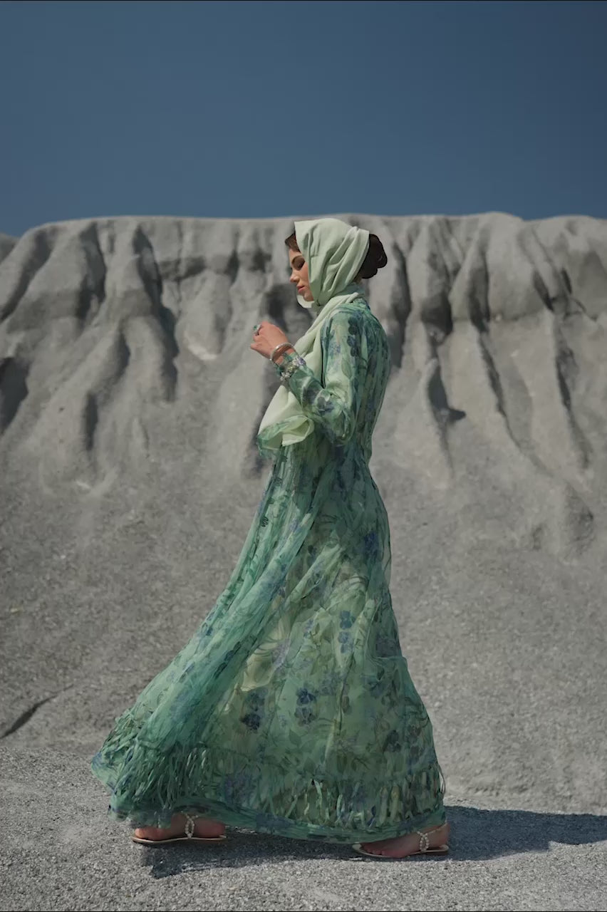 Pakistani Sage Green 3D Embellished Silk Kaftan (1-Pc) - Image 2